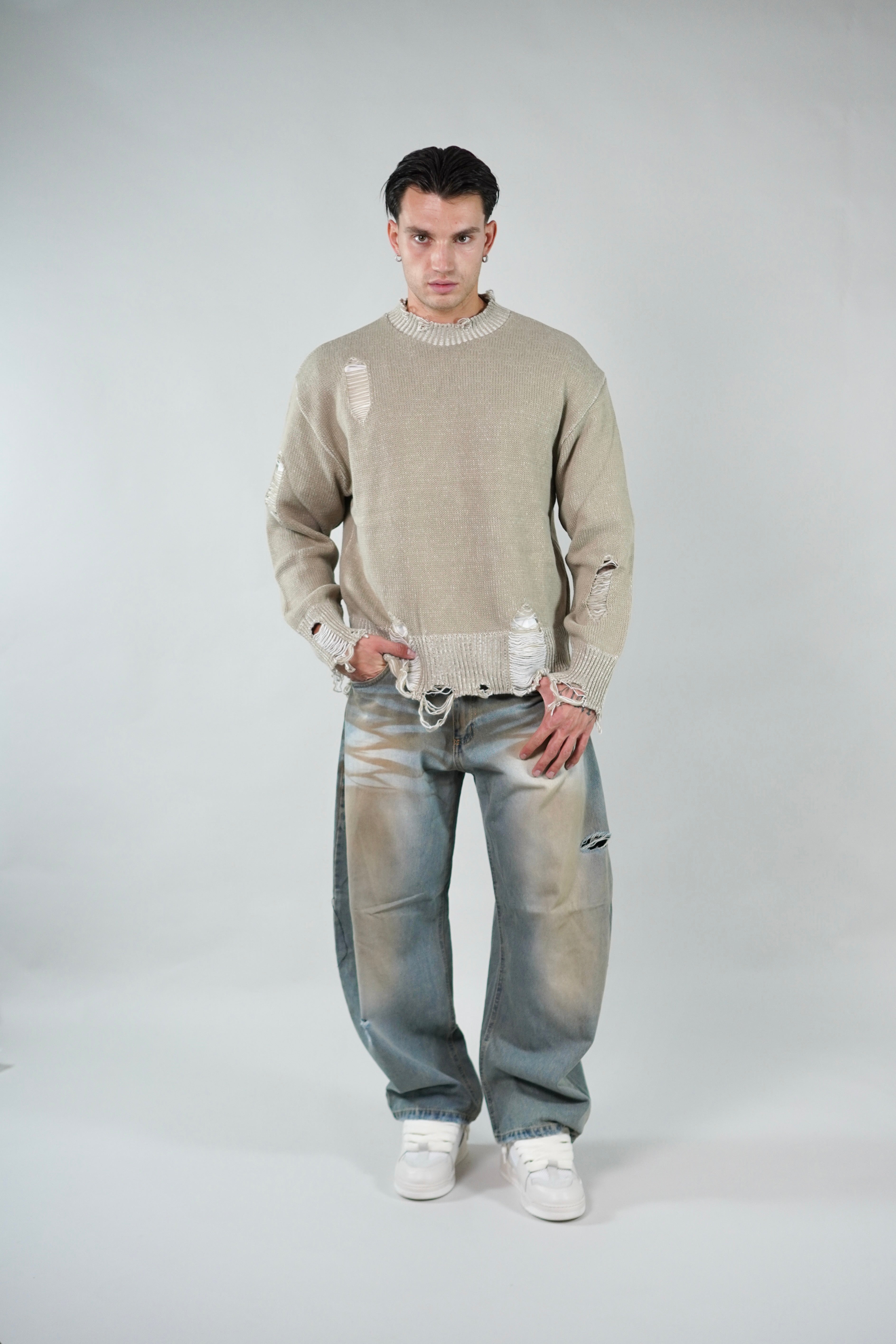 Maglione Girocollo Abrasioni Cream